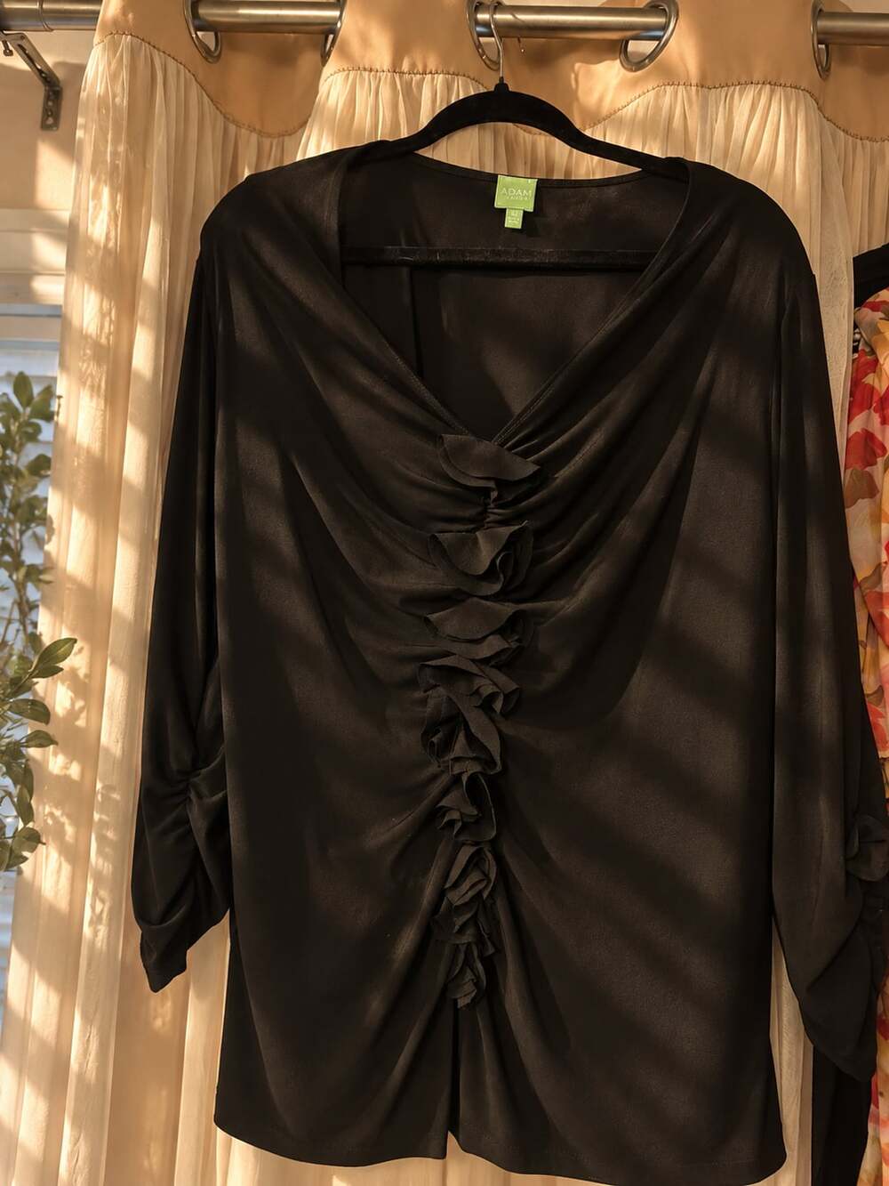 Adam Jacobs Black Satin V-Neck Blouse With Ruched Front And Ruffle Details
